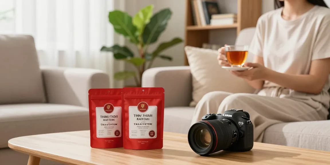 Enjoying third-party tested red Thai Kratom tea in a cozy, serene home setting.