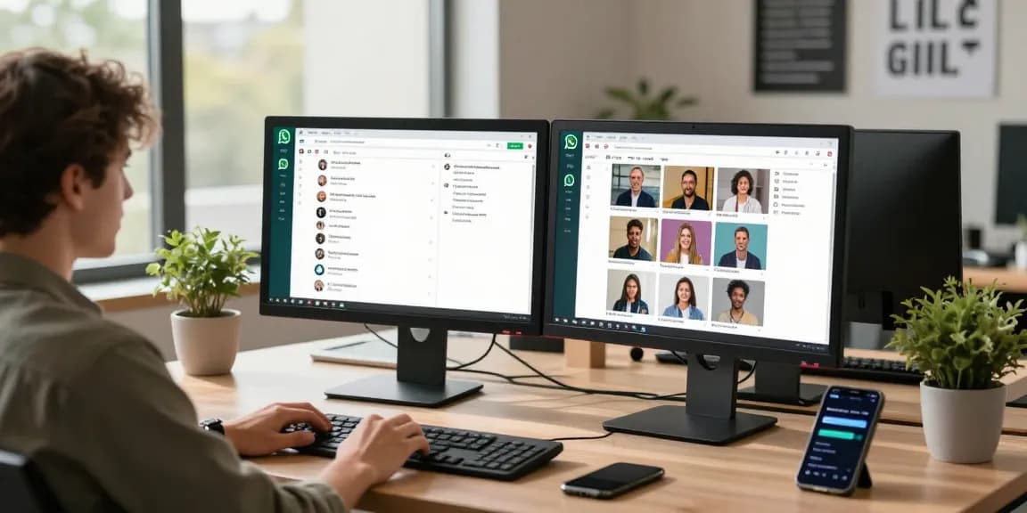 User engaging with WhatsApp網頁版 on desktop in a modern workspace, showcasing productivity and collaboration.
