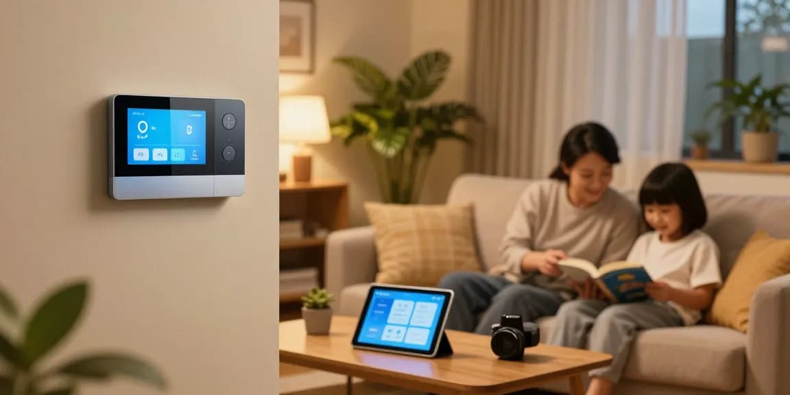 Family enjoying evening at home with smart thermostat regulating comfort and lighting.