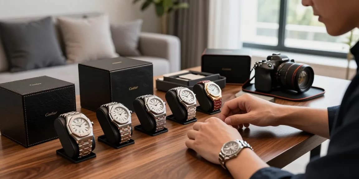Collector examining super clone watches, showcasing luxury craftsmanship in a refined setting.