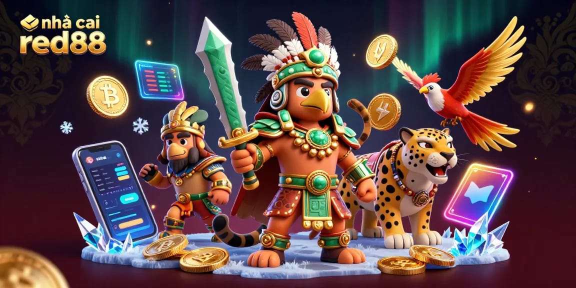 Engage with action at nhà cái red88 featuring Aztec warriors with cryptocurrency elements.