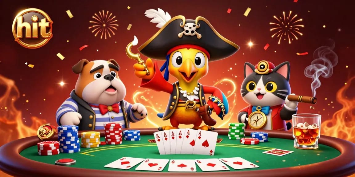 Engage in thrilling hit poker strategies with colorful chips and energetic characters in a dynamic casino scene.