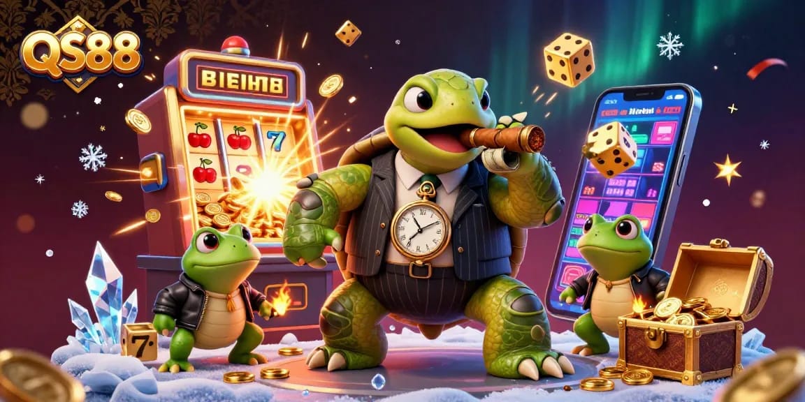 Experience thrilling gameplay with QS88's vibrant scene featuring a snapping turtle and bullfrogs amidst casino excitement.