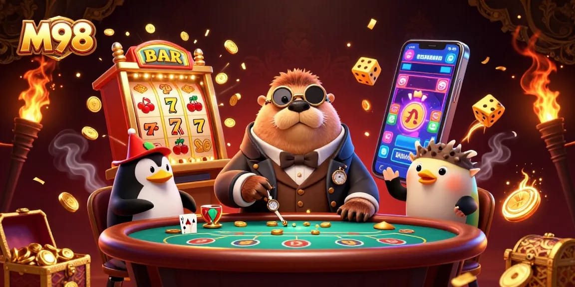 M98 showcases a vibrant underwater poker scene with walrus, penguin dealer, and pufferfish bluffer.
