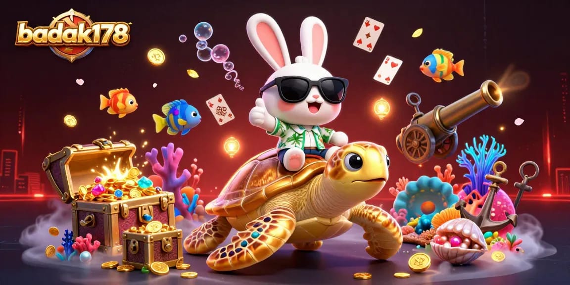 Experience winning thrills with badak178 as a rabbit rides a jewel-filled turtle in a vibrant casino adventure.
