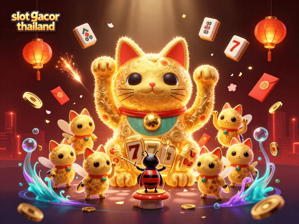 Experience thrilling gameplay at slot gacor thailand with vibrant casino symbols and a lucky cat mascot.