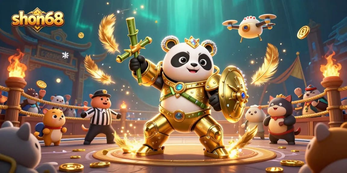 Engage in thrilling gameplay at shon68 with dynamic visuals of a 3D panda pilot in an exciting casino arena.