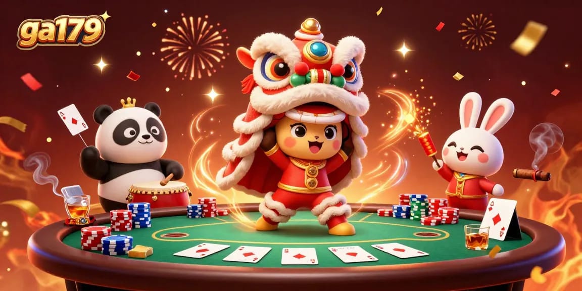 Experience exciting moments at ga179 with a vibrant Chinese New Year-themed poker scene featuring unique characters.
