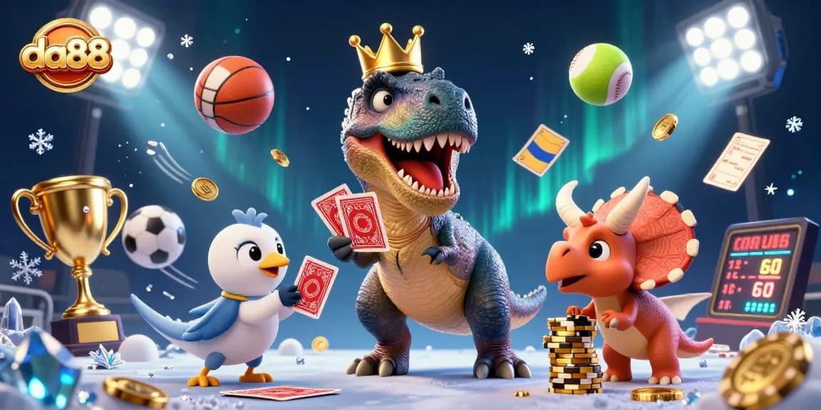 Experience thrilling sports betting at da88 with a lively T-Rex shuffling cards among vibrant sports elements.