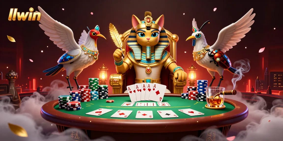 llwin showcases a vibrant casino scene with the Egyptian pharaoh cat, poker elements, and luxurious atmosphere.