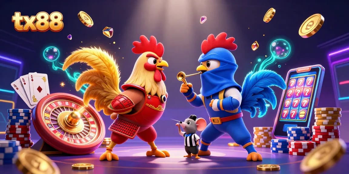Engage with the epic tx88 battle of roosters in an electrifying casino scene filled with gold and gems.