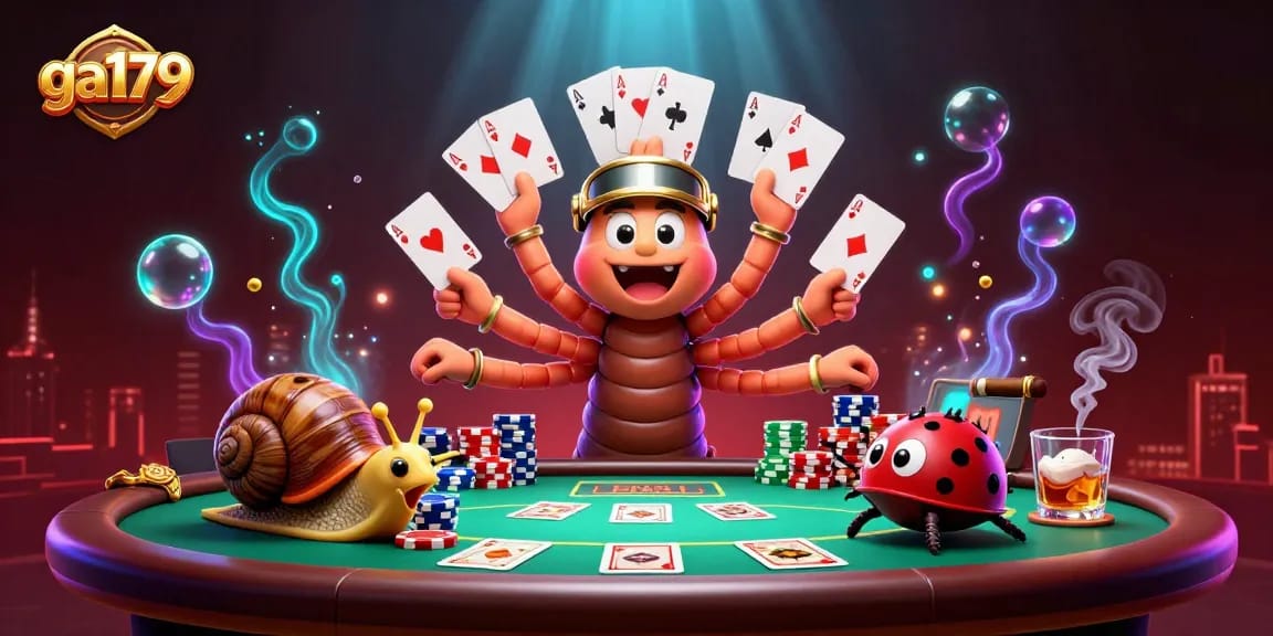 Engage in thrilling ga179 poker action with a vibrant millipede dealer, chip stacks, and aces.