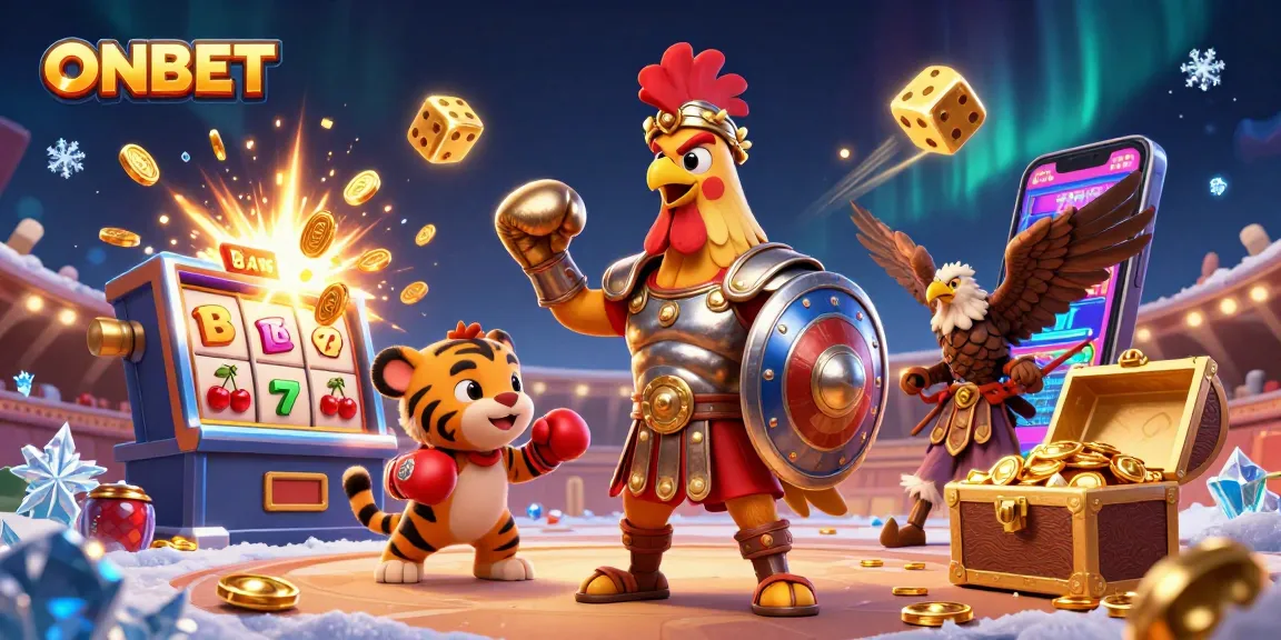 Engage with ONBET's thrilling 3D casino adventure as a gladiator rooster and friends celebrate a jackpot.