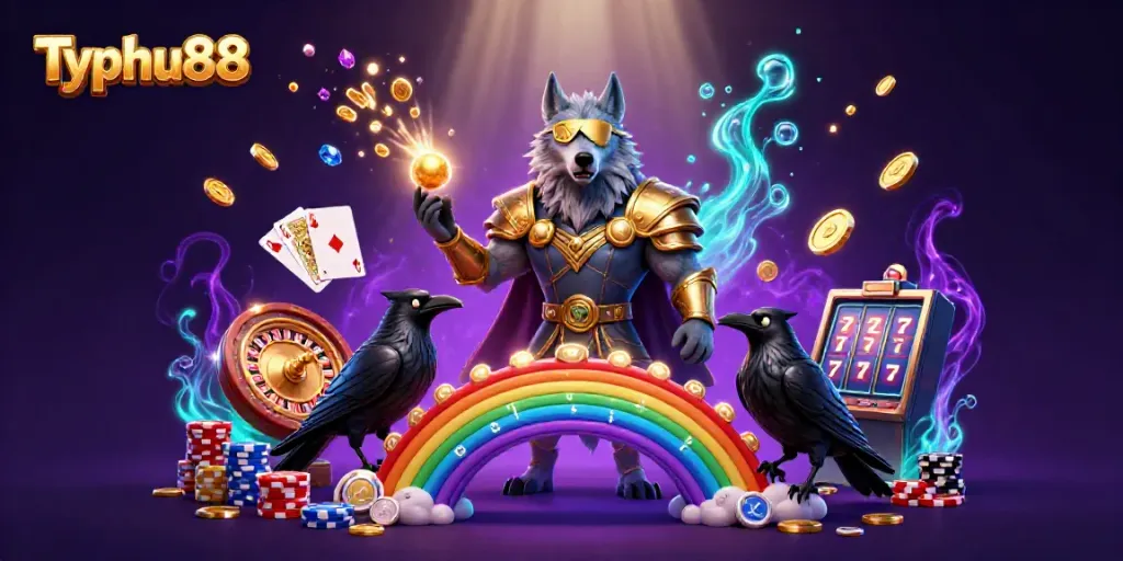 Engage in exhilarating gameplay at Typhu88 with vibrant golden coins, glowing chips, and a lively 3D casino theme.