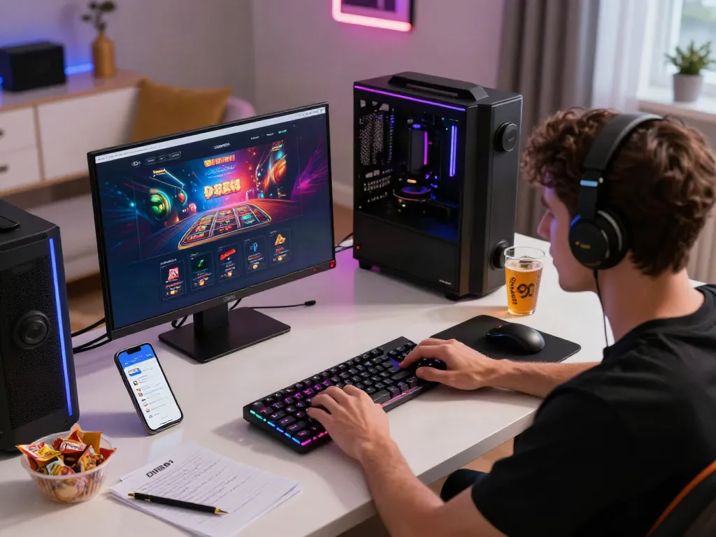 Engaging scene of a user on http://debet-onl.com enjoying online gaming with a lively setup.