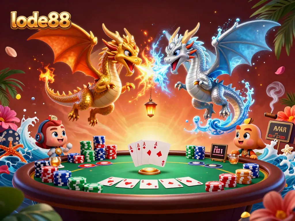 Experience thrilling gameplay with lode88, where fiery dragons and poker elements collide in a vibrant casino illustration.