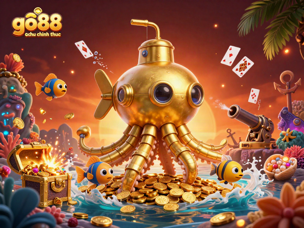 Engage in the excitement of go88 trang chu chinh thuc with a golden kraken submarine and treasure elements.