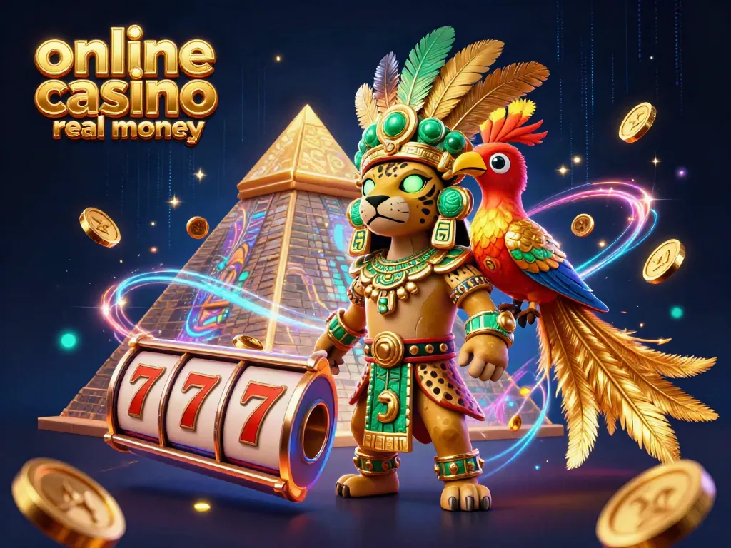 Experience the excitement at an online casino Australia real money scene with a Mayan jaguar priest, slot reels, and glimmering gold.