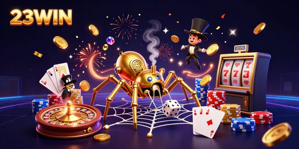 Capture exciting bets and wins with 23WIN in a vibrant casino scene illustrating golden gaming elements.