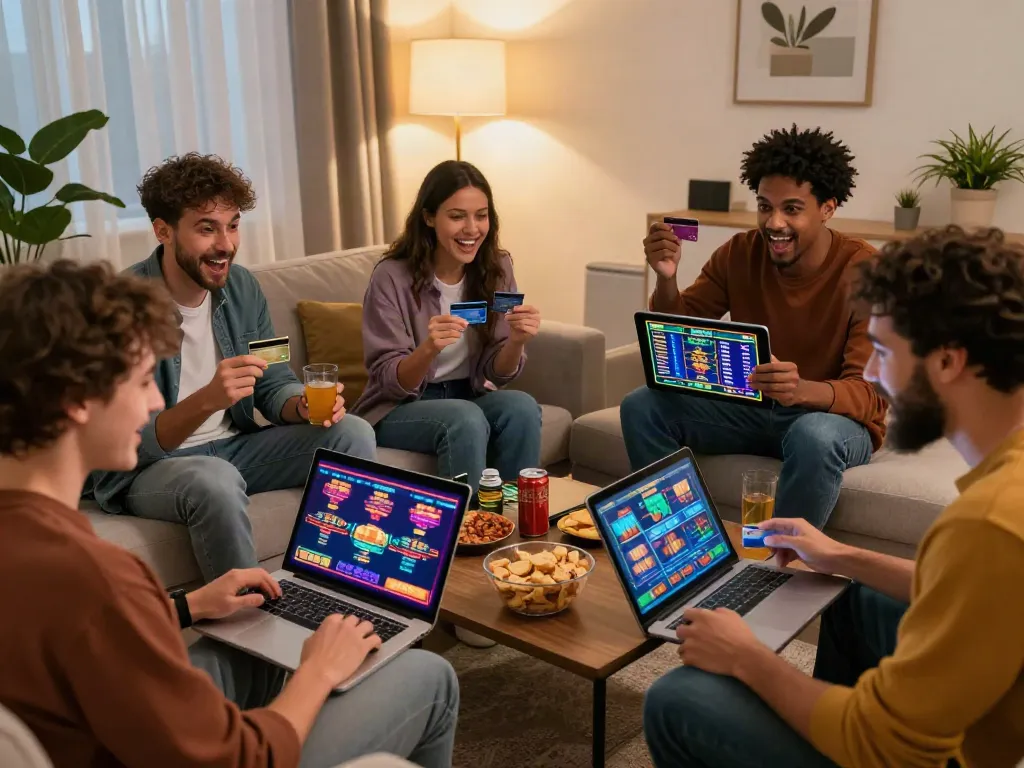 Players experiencing fun at credit card online casinos from home with laptops and vibrant game graphics.