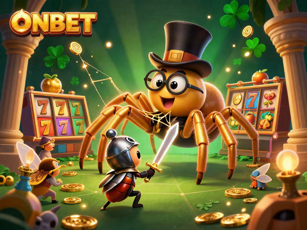 Experience ONBET’s thrilling slots with a golden tarantula, beetle knight, and jackpot reels in action