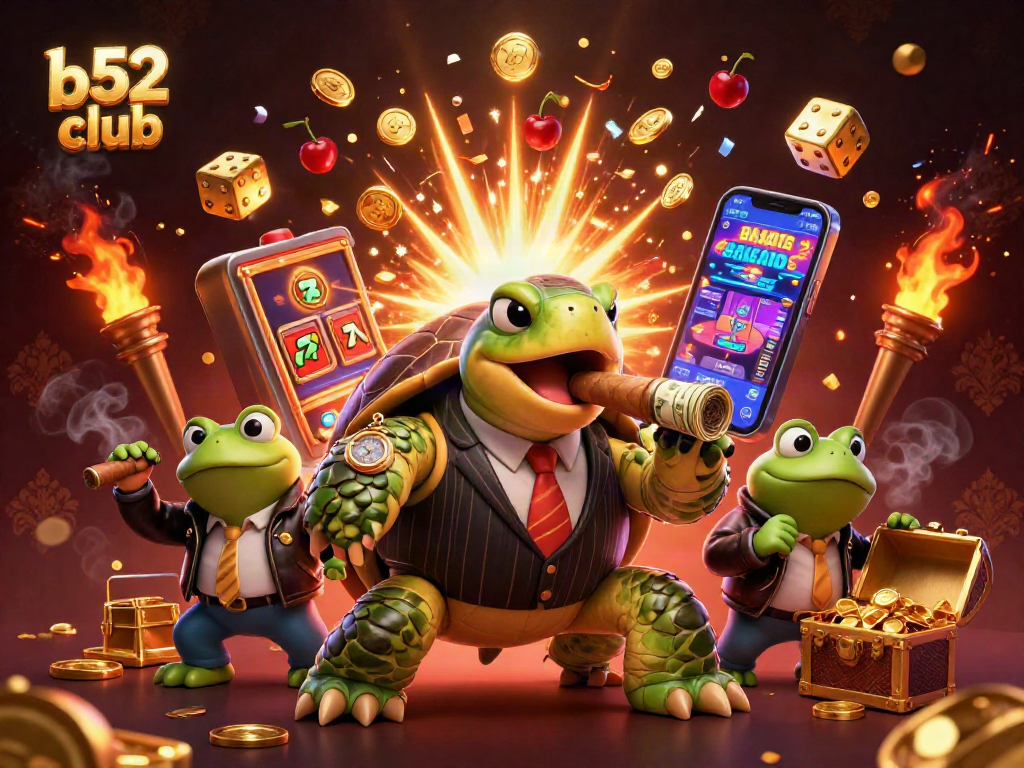 b52 club showcases a vibrant casino scene with cartoon turtle mobster, slot machine bursting coins.