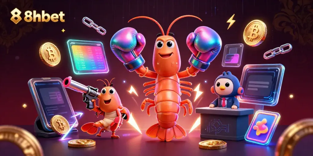 Experience vibrant excitement at 8xbet with dynamic shrimp characters in a thrilling casino scene.