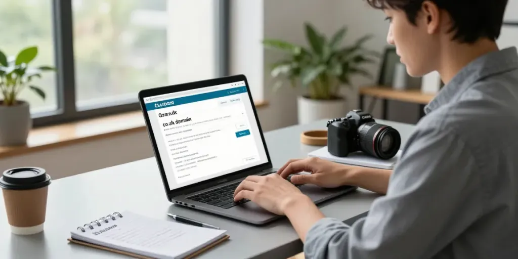 Professional registering a .co.uk domain with laptop and notepad in modern office environment.
