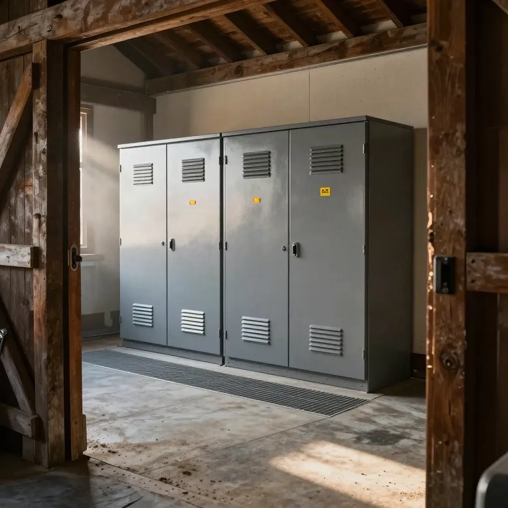 Two battery storage cabinets in a dim farm store at dawn, lit by a narrow beam.
