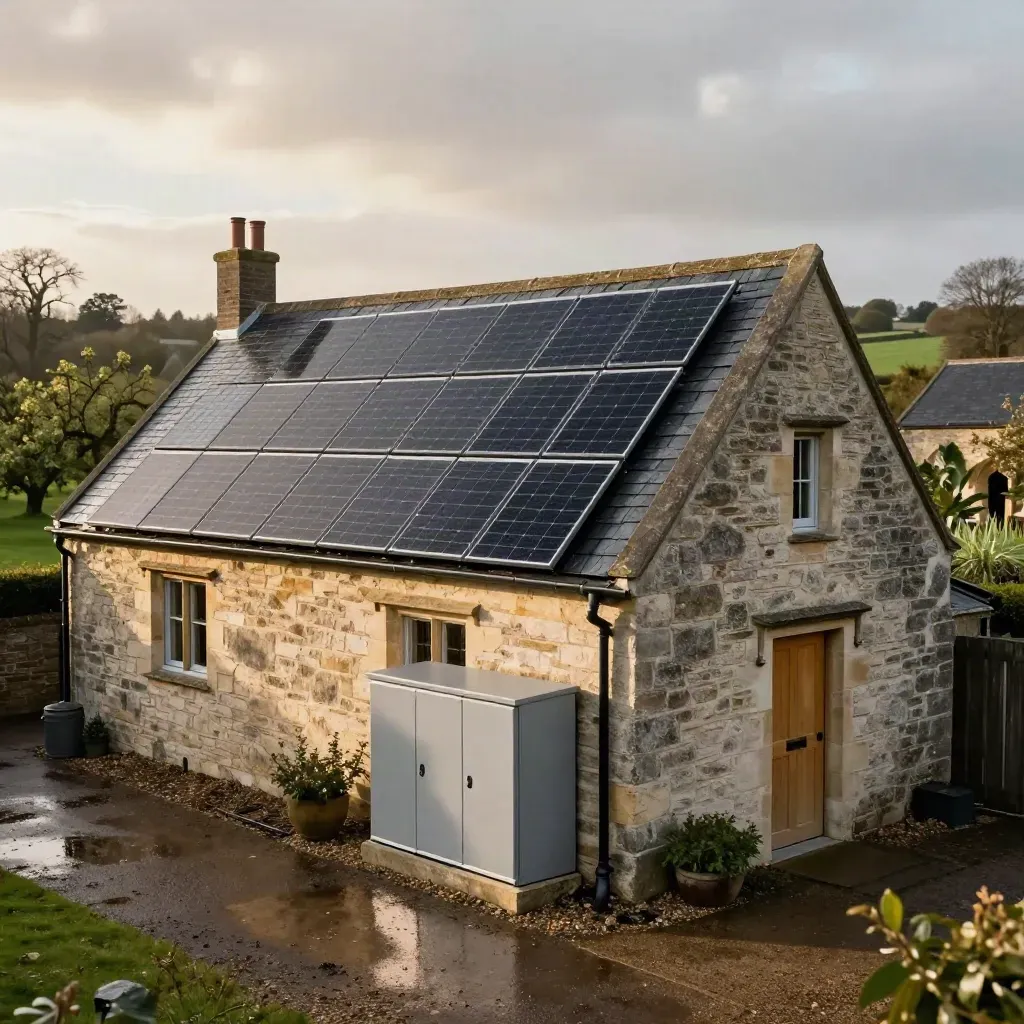 Solar panels on a village hall roof beside a battery cabinet after rain, lit by late sun.