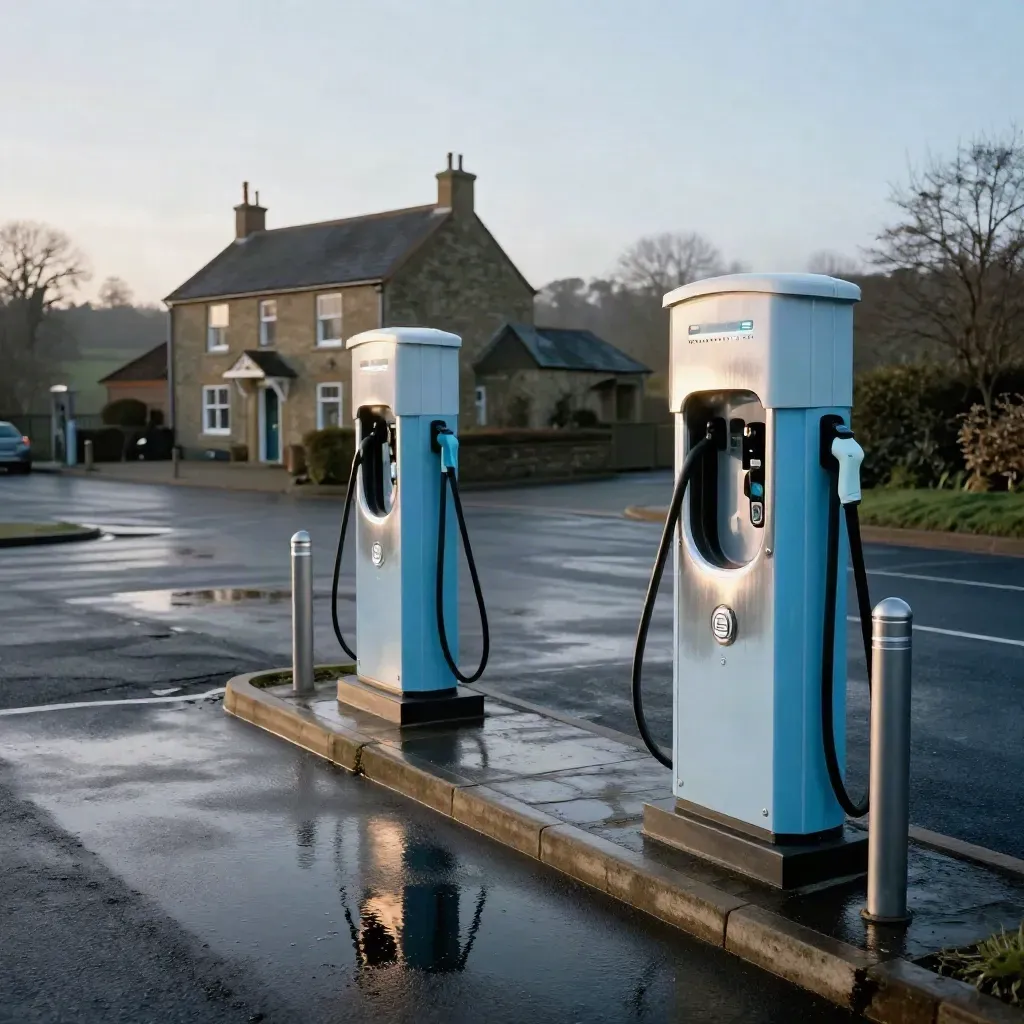 Two EV chargers by a village hall with wet asphalt reflections at dusk.