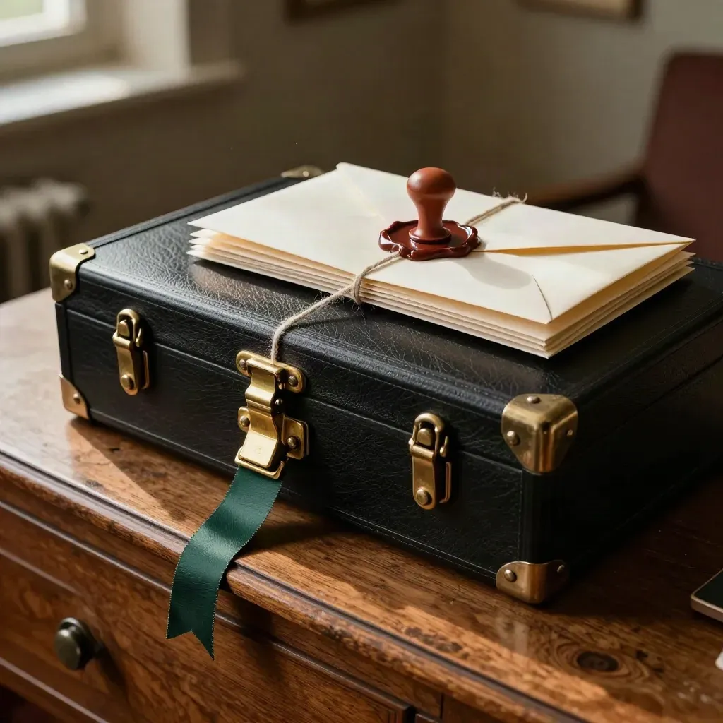 Sealed project case with brass latch, wax seal and envelope sleeves on an oak sideboard
