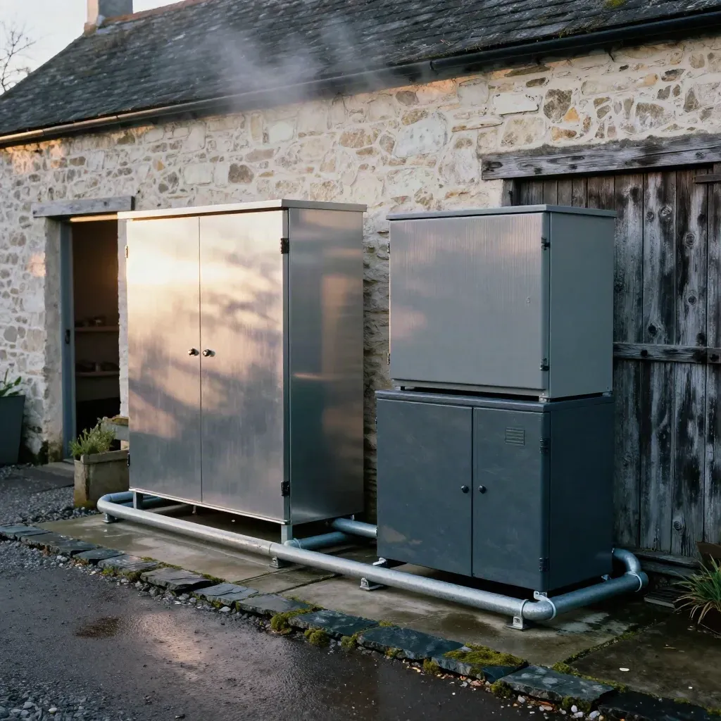 Microgrid cabinets and battery stack linked between rural buildings in a misty village yard