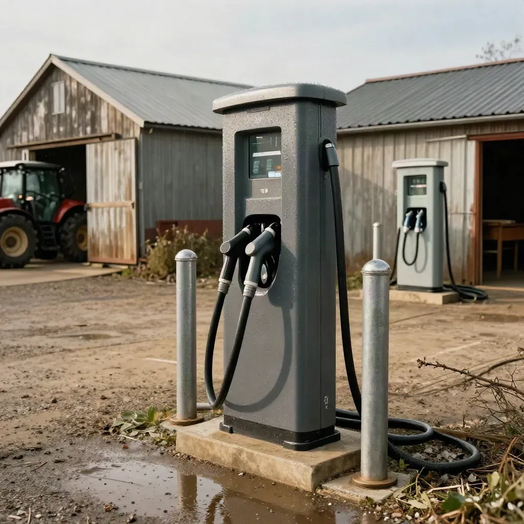 Two rugged EV chargers beside a farmyard tractor bay on wet gravel under a damp sky.