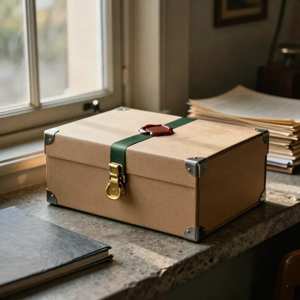 Closed kraft council pack with wax seal and brass latch on a stone ledge in warm afternoon light.