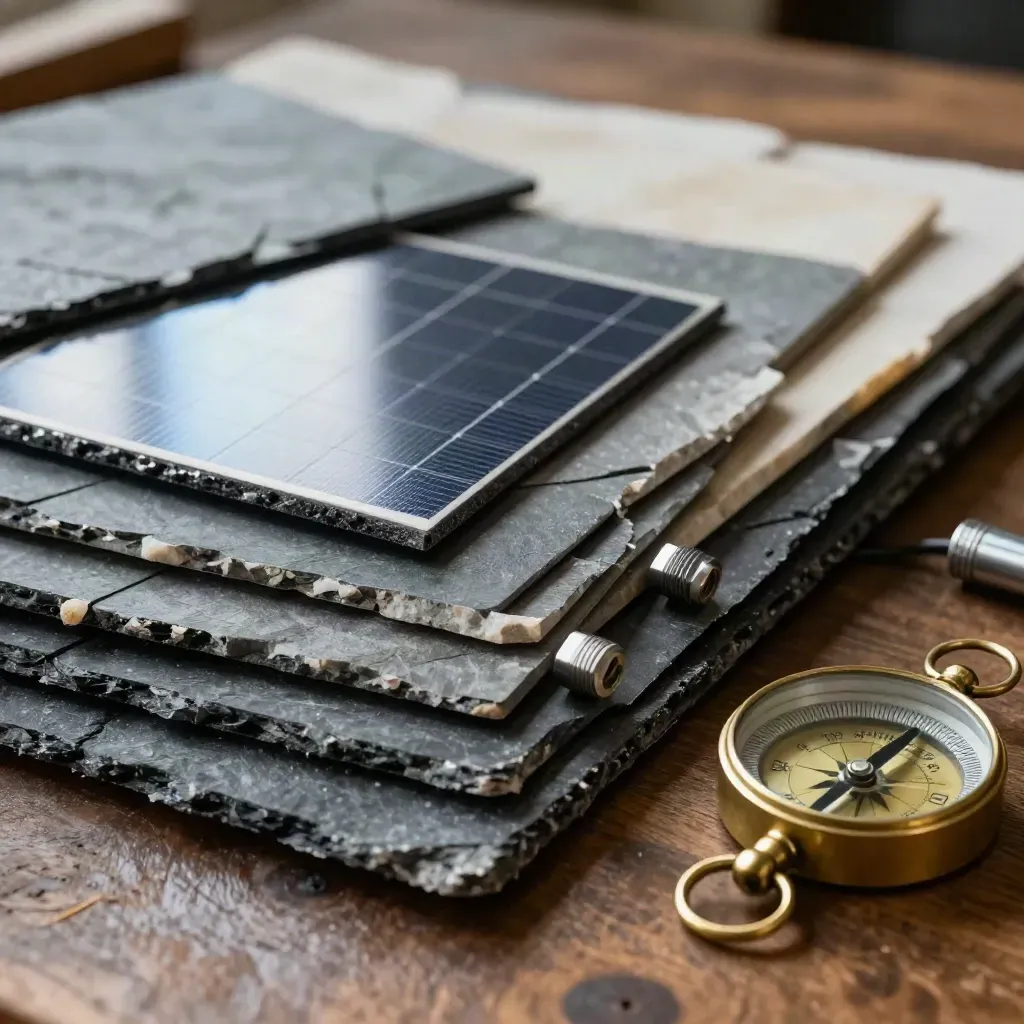 Macro archive of roof slates, solar offcuts, cable glands and a brass compass on dark oak.