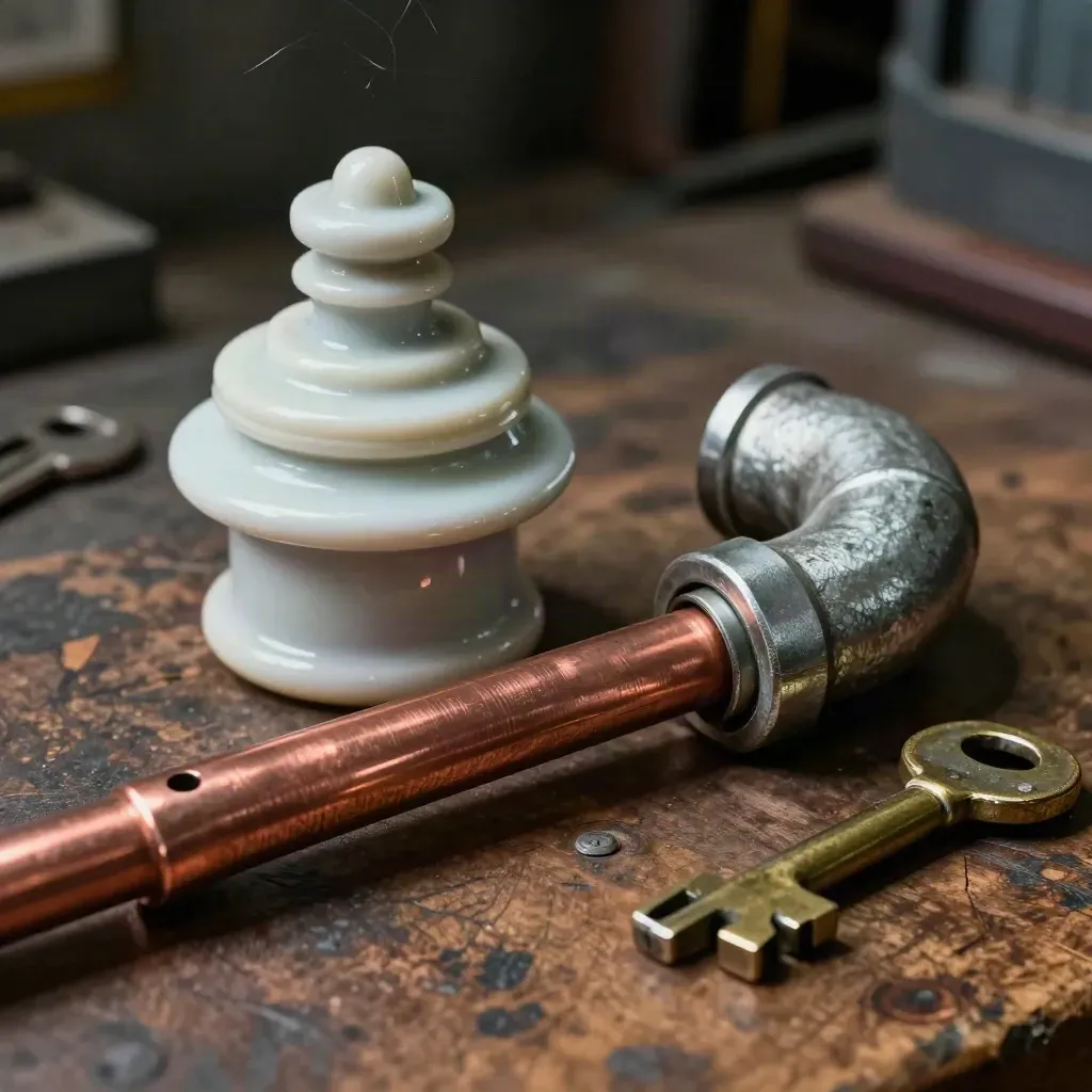 Copper busbar, porcelain isolator and conduit elbow on a walnut workbench in dramatic light.