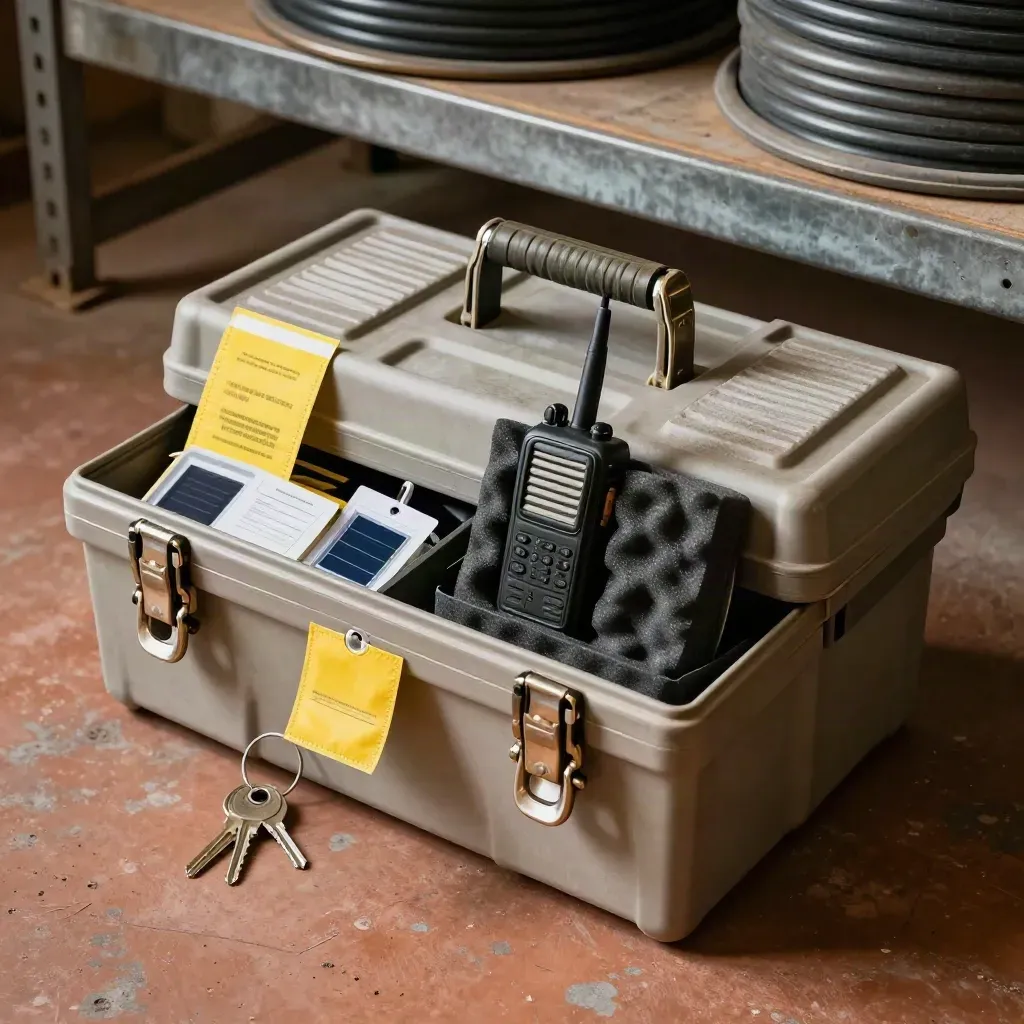 Packed delivery kit with toolbox latches, site keys, cable tags and a rugged radio on a terracotta floor.