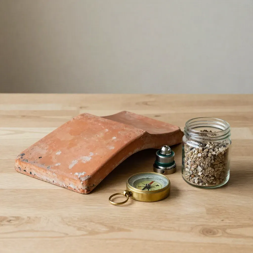 Site-review still life with roof tile, compass, cable gland and gravel jar on pale oak.