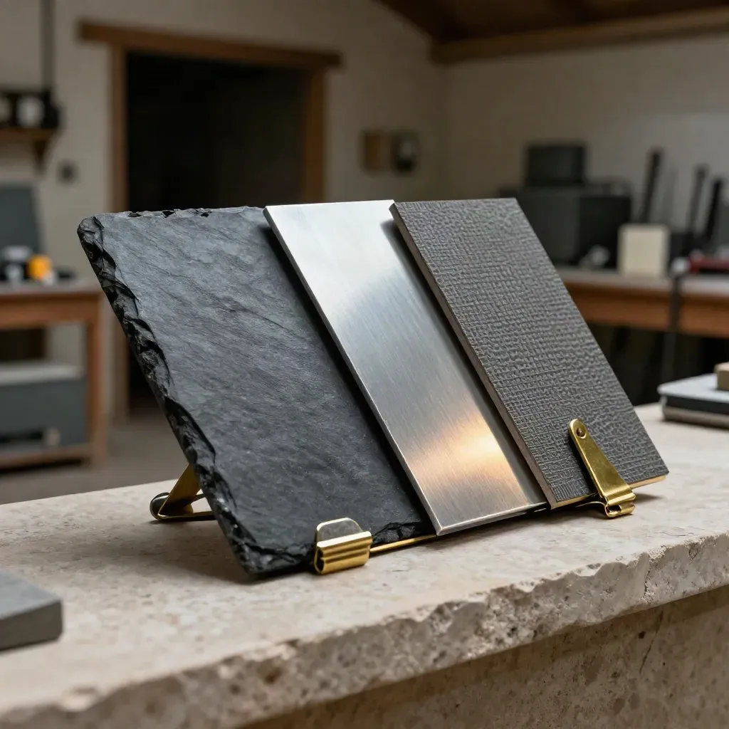 Slate, aluminium and battery casing swatches clipped together on a limestone ledge.