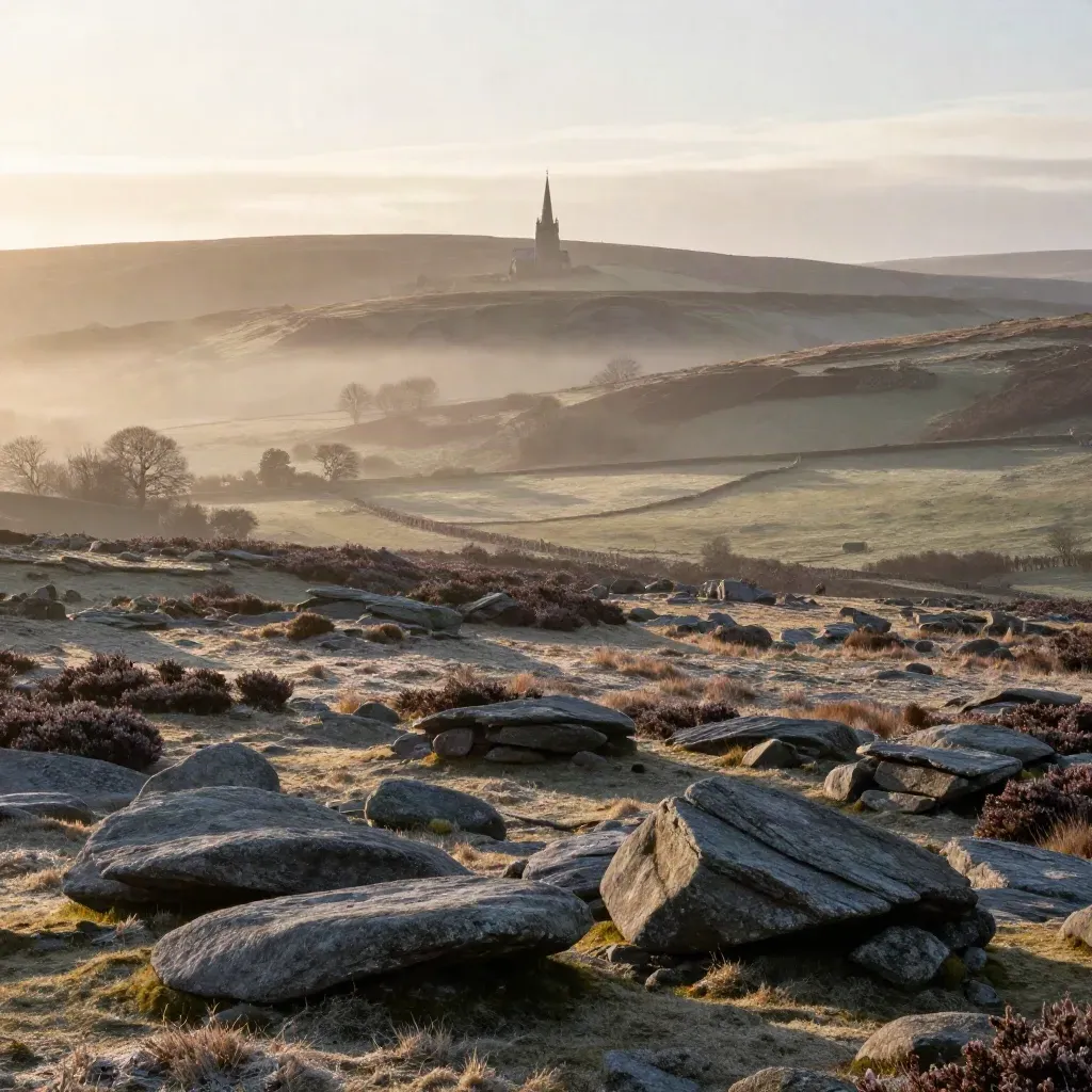 Misty moorland valley with granite tors and a tiny church spire at dawn