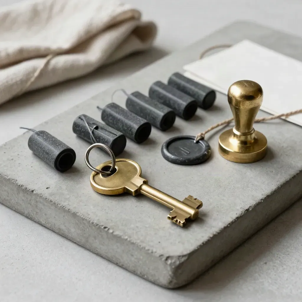 Brass key ring and delivery kit items arranged on a stone tray with linen cloth