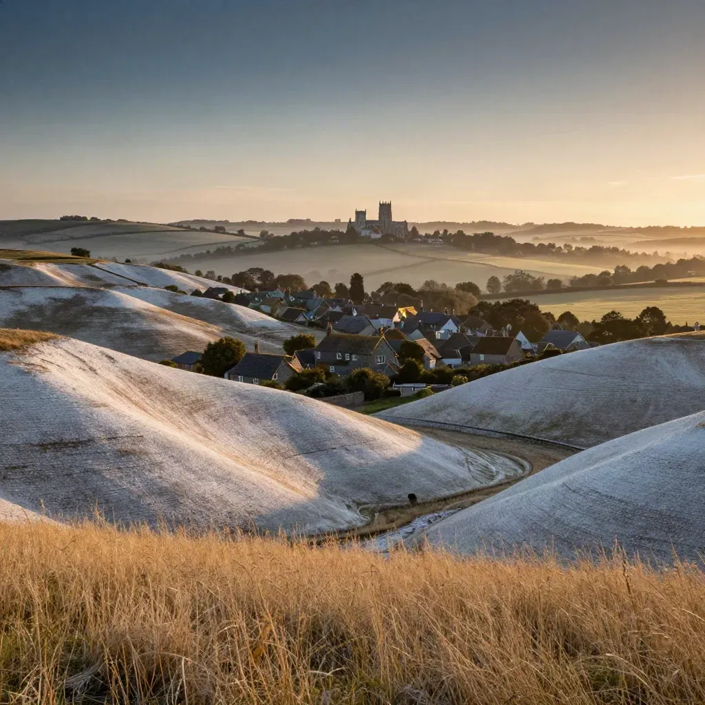 Golden chalk downs, flint roofs and a distant cathedral silhouette in soft haze
