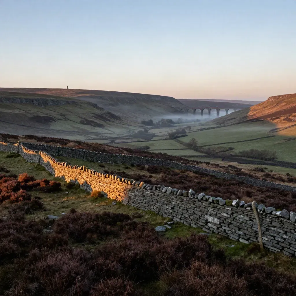 Misty moorland valley with dry-stone walls and a distant viaduct in warm evening light