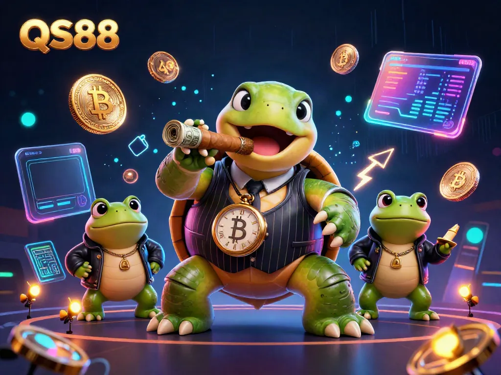 Engage in thrilling gameplay at QS88 with a vivid scene of a cartoon turtle and bullfrogs among vibrant casino elements.