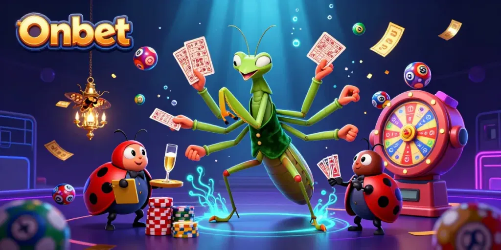 Engage with Onbet through an exciting casino illustration featuring colorful lottery elements.
