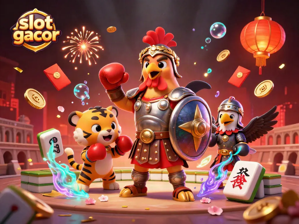 Experience the thrill of gaming with a 'slot gacor' scene featuring a gladiator rooster, tiger cub, and eagle in an action-packed colosseum.