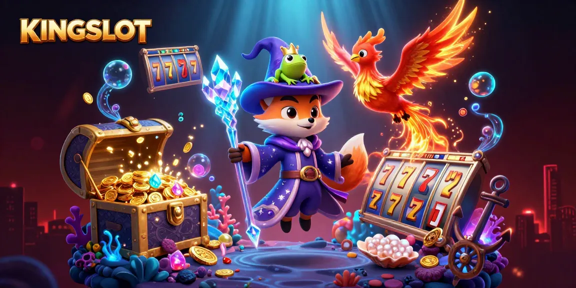 Permainan kasino KINGSLOT menampilkan slot berkilau dan karakter ajaib dalam suasana yang memukau.