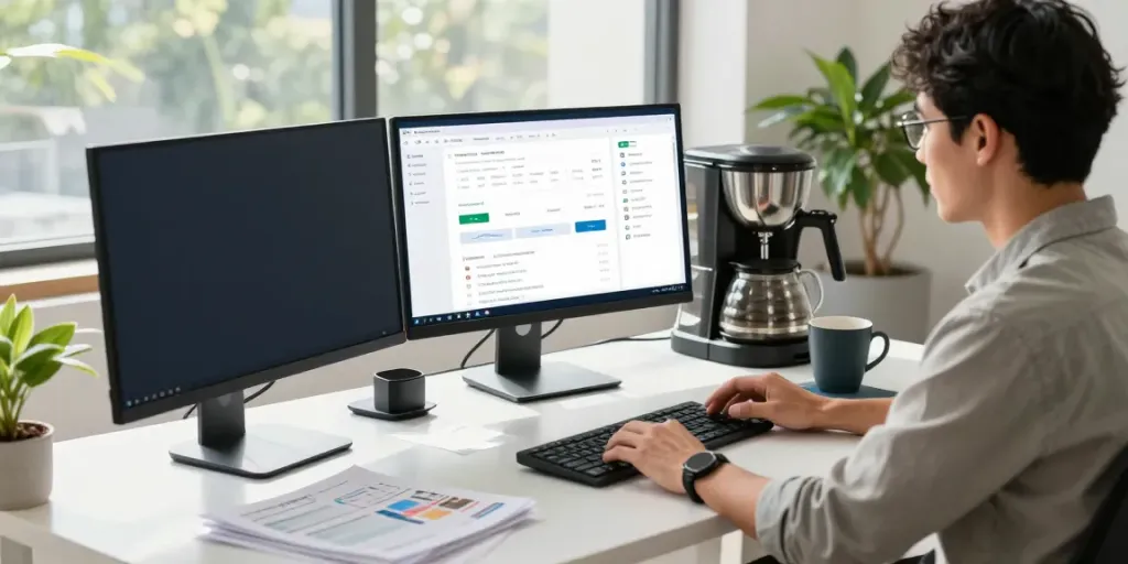 Content marketer utilizing instant indexing techniques in a modern workspace filled with analytics tools and sunlight.