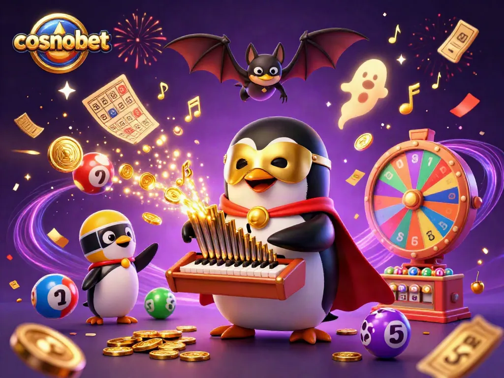 Experience the thrill of cosmobet as a cartoon penguin plays an organ releasing golden coins in a vibrant casino scene.